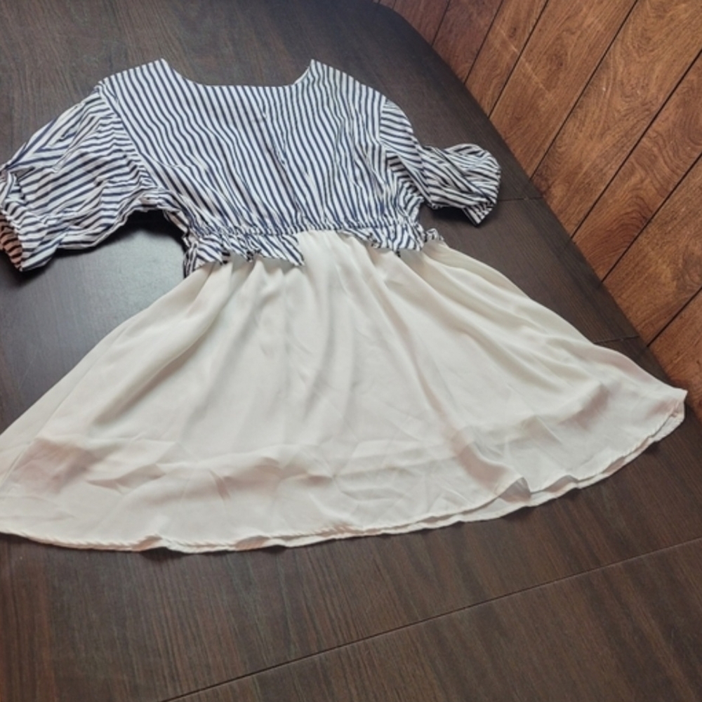 HAODUOYI Navy Stripe Amd Cream Chiffon Midi Dress Large